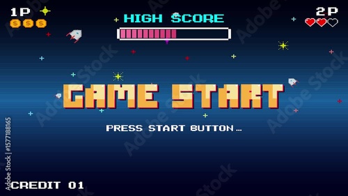GAME START. pixel art .8 bit game. retro game. for game assets. arcade gaming.