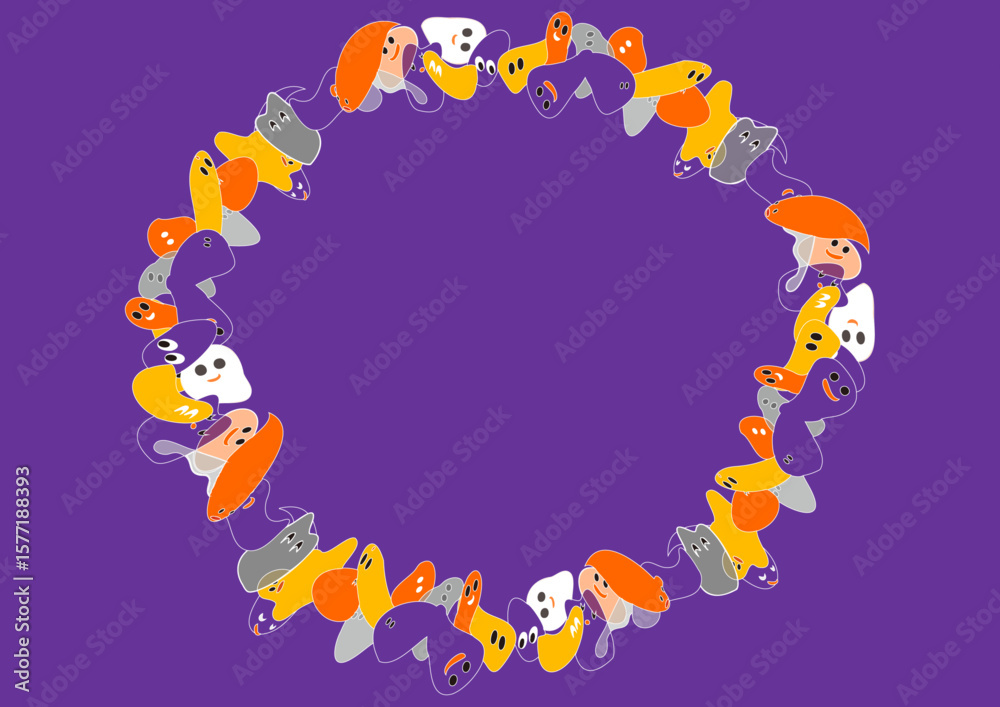 Fototapeta premium おばけたちのカラフルサークル紫背景・halloween, ・ハロウィンのイメージカラー
