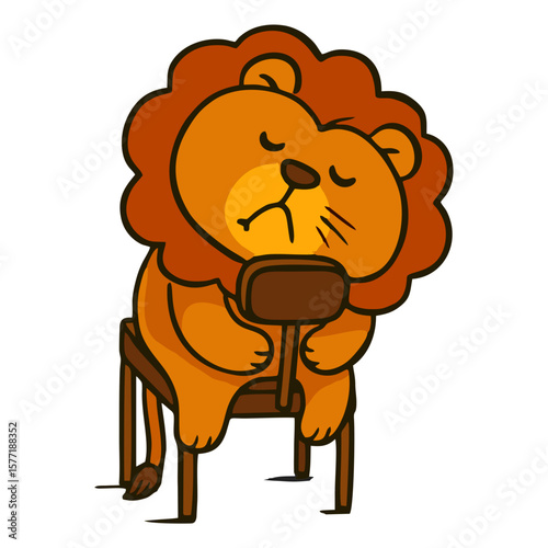 Cute cartoon lion mascot sleeping or tired, slumped over a chair, conveying rest, exhaustion, or a lazy mood.