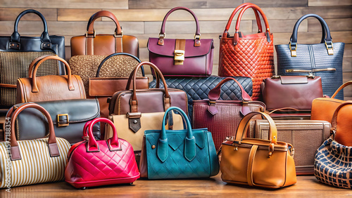 An assortment of leather handbags and purses displayed on a wooden surface in a studio setting