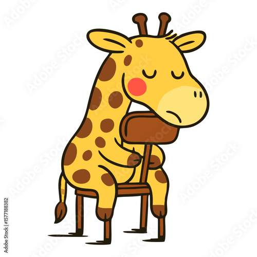 Cute cartoon giraffe mascot sleeping or tired, slumped over a chair, conveying rest, exhaustion, or a lazy mood.