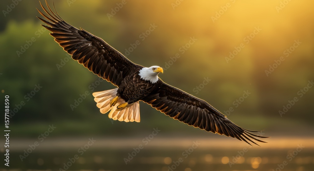 Naklejka premium Majestic bald eagle soaring gracefully against a warm golden sunset sky
