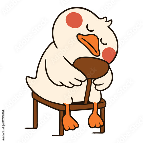 Cute cartoon duck or goose mascot sleeping or tired, slumped over a chair, conveying rest, exhaustion, or a lazy mood.