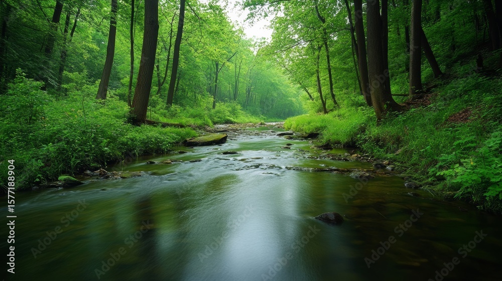 Obraz premium slow-moving river in natural woodland, scenic tranquility