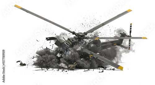 Exploding Military Helicopter Debris Field Shattered Rotor Blades GreyGreen Fuselage Fragments.