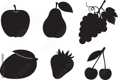 Dark fruit silhouettes, a healthy collection of common fruits including apple, pear, grapes, mango, strawberry, and cherries, perfect for food and diet-related graphic designs