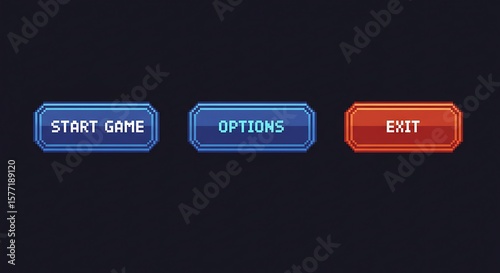 Pixelated game menu buttons create retro gaming interface, featuring start game, options, and exit.