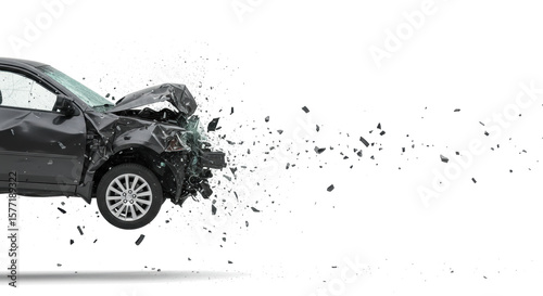 Severely Damaged Black Car Showing Extensive Collision Damage and Debris.