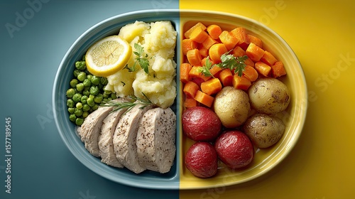 Frozen vs heated meal comparison with divided plate showing cold and warm food, nutrition concept for health, design, and ads