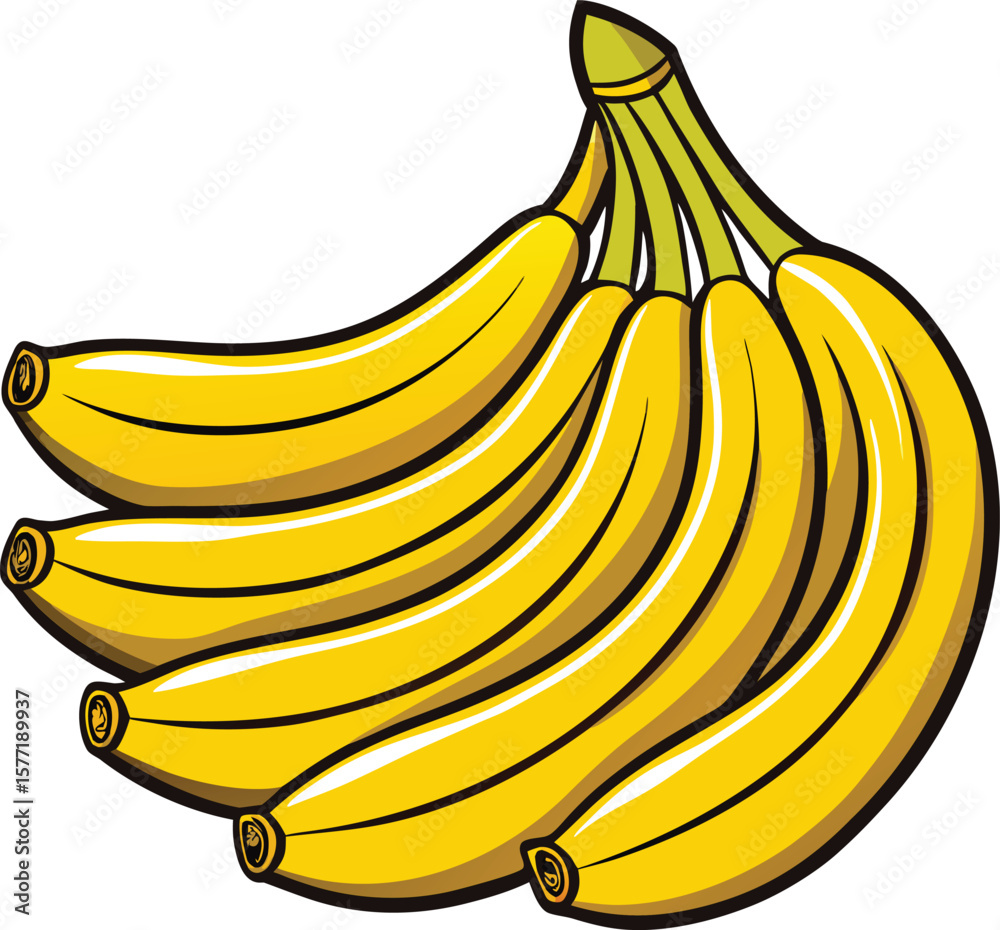 A bunch of bright yellow bananas with green stems and a clean white background