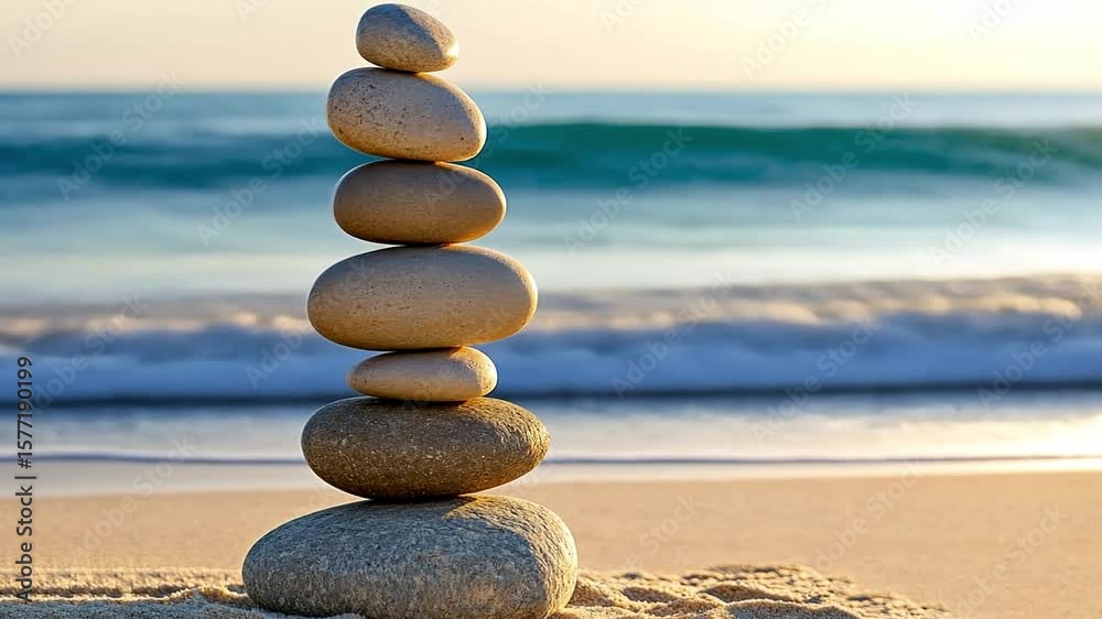 A stack of smooth stones balanced on a sandy beach. The ocean waves gently lap at the shore in the background, creating a serene atmosphere.