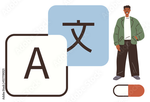 Person in casual attire standing near translation icons and learning tool, implying focus on language skills. Ideal for education, multilingual platforms, e-learning, translation, technology