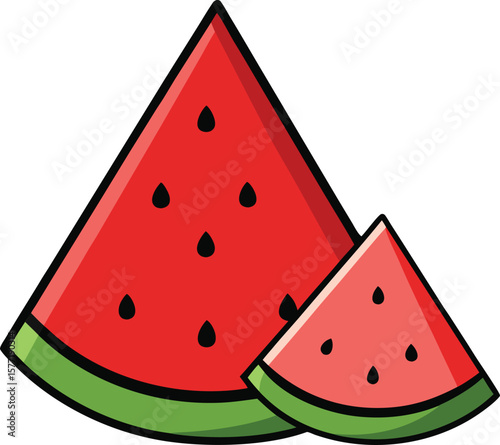 Two slices of juicy red watermelon with black seeds and green rinds isolated on white