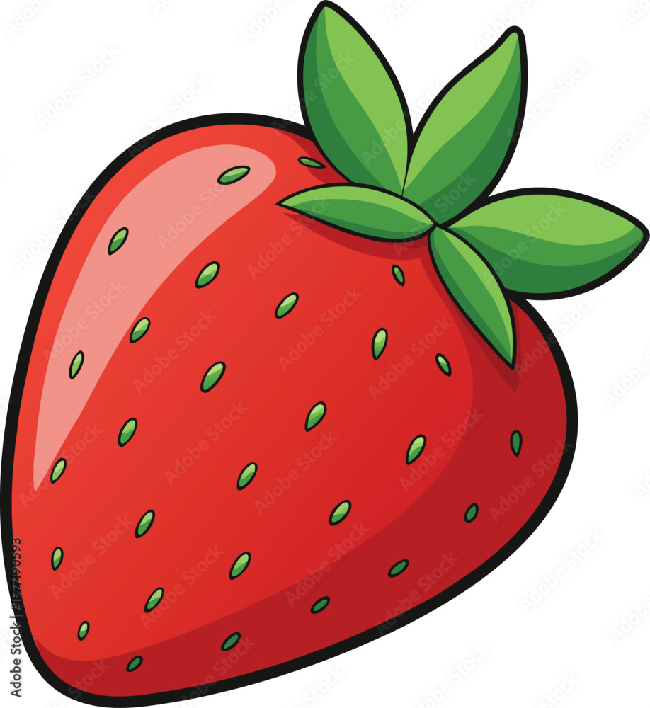 Obraz premium A vibrant stylized illustration of a ripe red strawberry with green leaves and visible seeds on a white background