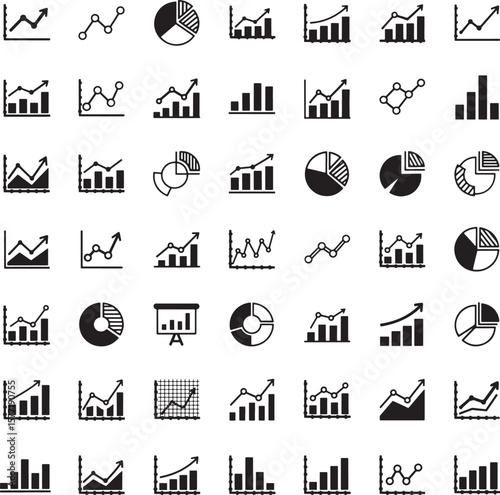 Data visualization icon set for business, finance, and analytics, featuring various charts and graphs ideal for reports, presentations, and infographics illustrating growth