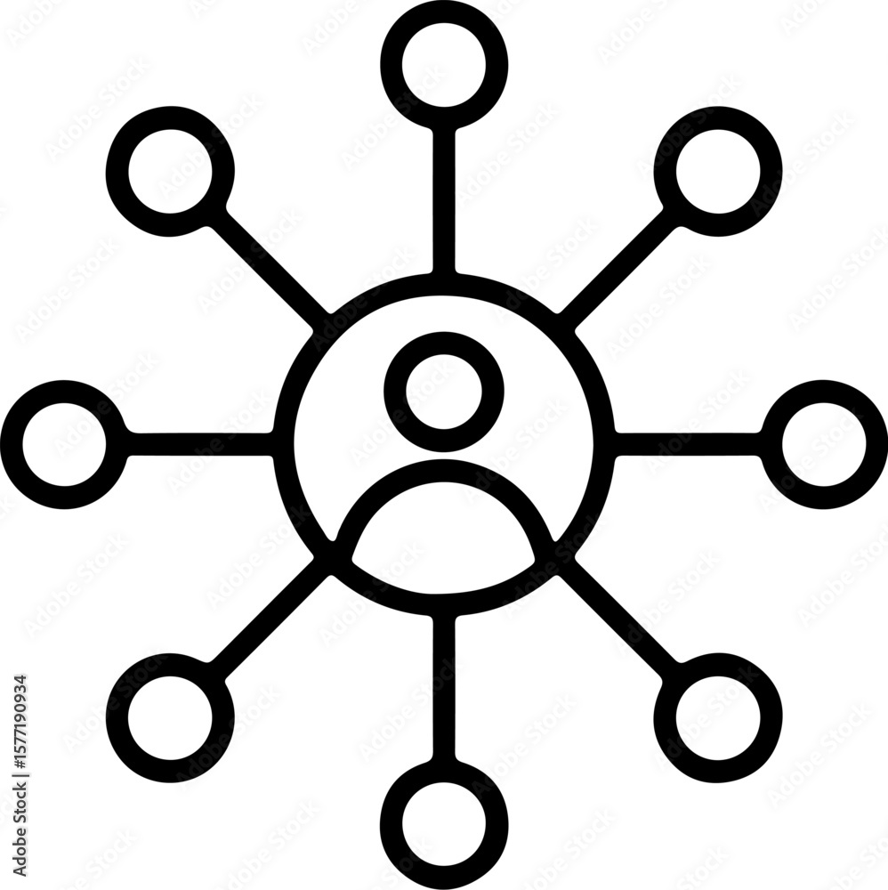 Abstract icon representing a central person connected to multiple external nodes or contacts Abstract icon representing a central person connected to multiple external nodes or contacts