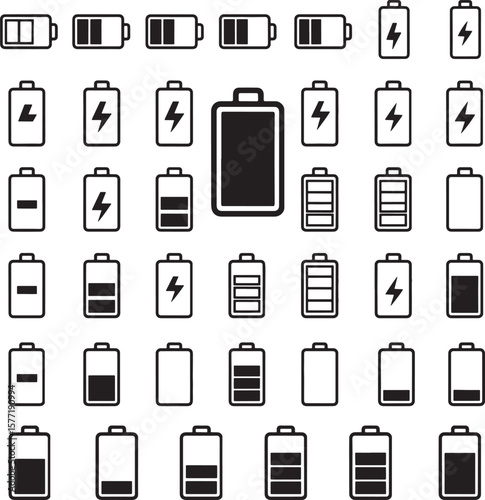 Collection of diverse battery level indicators and charging status icons, perfect for illustrating power, energy, and device charge in technology and mobile applications
