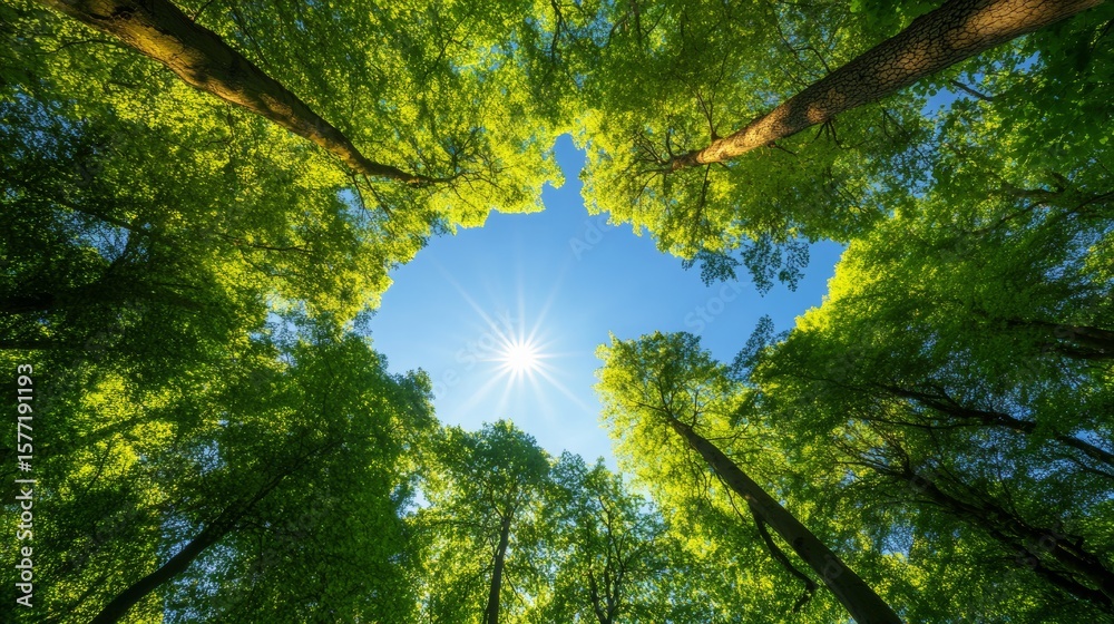 Obraz premium tall green trees under daylight blue sky, natural harmony