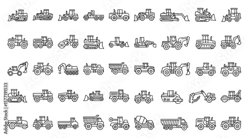 Construction Vehicle Line Icon Set – Bulldozer, Loader, Grader, Paver, Roller, Mixer, Hauler Vector Illustration

