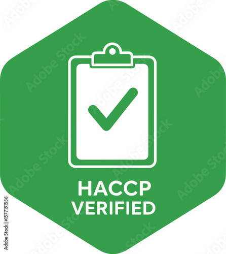 A bold green hexagonal icon representing HACCP Verified certification, featuring a clipboard and checkmark, ideal for food safety and quality assurance visuals