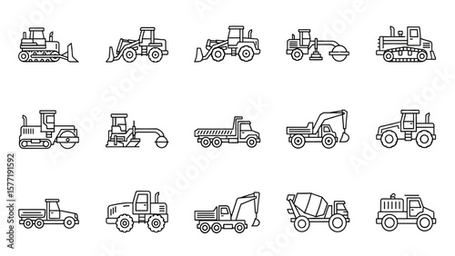Construction Vehicle Line Icon Set – Bulldozer, Loader, Grader, Paver, Roller, Mixer, Hauler Vector Illustration

