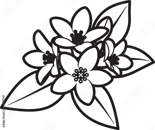 Elegant black outline drawing of delicate orange blossoms with fresh green leaves, perfect for illustrating natural beauty, botanical themes, or decorative design elements
