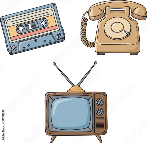 Retro media devices illustration: vintage cassette tape, old telephone, and television set for design projects vector
