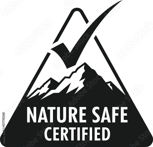 Nature Safe Certified triangular emblem with a mountain range and checkmark, ideal for eco-friendly product labeling, environmental branding, and sustainable business recognition