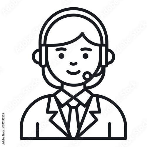 Line art icon of a customer support agent with headset, minimal vector, black outline