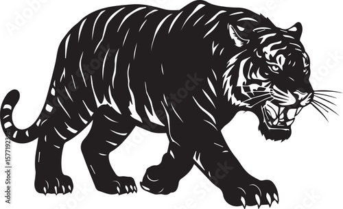 Powerful black tiger silhouette with aggressive stance and detailed stripes, ideal for bold branding, wildlife themes, and impactful graphic design illustrations