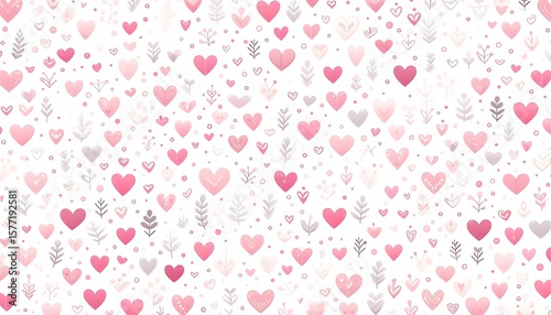 romantic pink hearts and floral seamless pattern, valentine texture on white