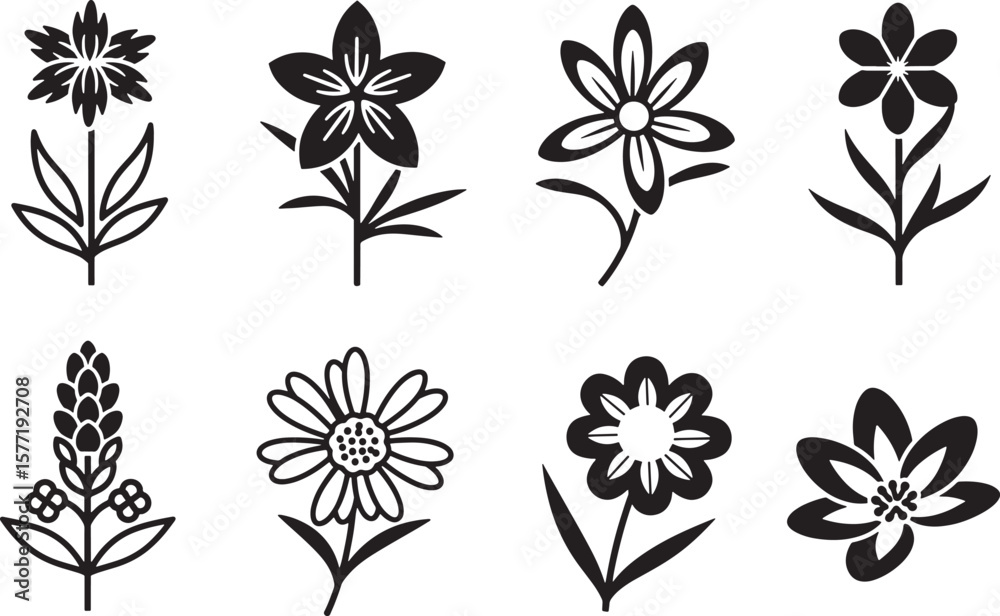 Fototapeta premium Elegant vector icons of stylized flora in black and white, perfect for botanical illustrations, nature-themed designs, and various artistic creative projects