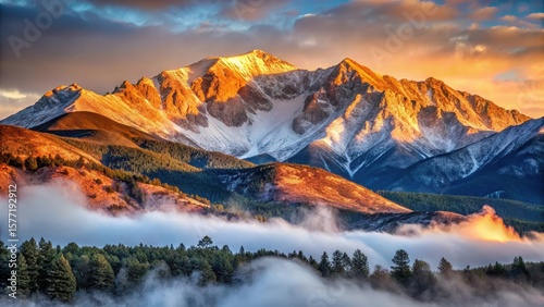 Mountain peak of Pikes Peak at sunrise with a misty atmosphere and snow-capped summit