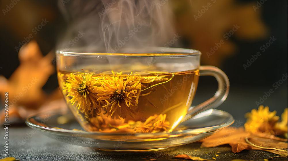 Steaming chrysanthemum tea with golden mist, evoking warmth and serenity in autumn. Steaming chrysanthemum tea with golden mist, evoking warmth and serenity in autumn.