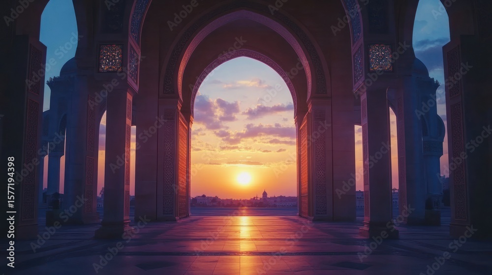 Fototapeta premium Mosque archway, sunset view