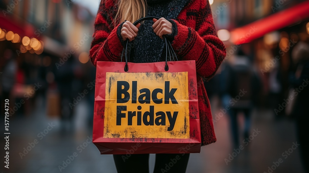 Obraz premium Cropped view sexy woman in denim holding paper bag with tag in her hand against a white brick wall in the mall. Copy space. Black Friday sale concept.