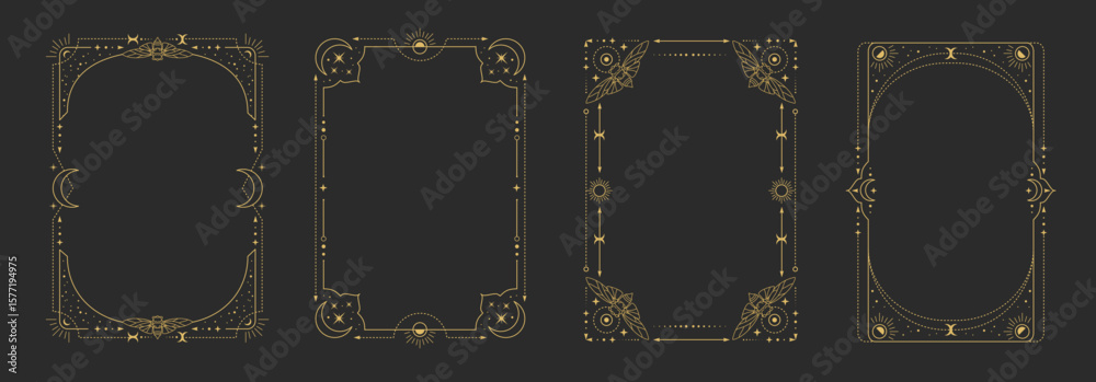 Set of modern magic witchcraft astrology frames with butterfly, stars, sun and moon on black background. Line art occult vector illustration