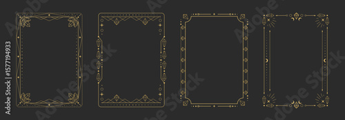 Set of modern magic witchcraft astrology frames with crystals, diamonds, gemstones, stars, sun and moon on black background. Line art occult vector illustration