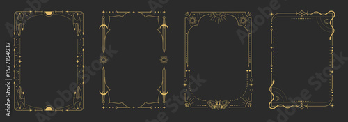 Set of modern magic witchcraft astrology frames with swords, hands, snake, butterfly, stars, sun and moon on black background. Line art occult vector illustration
