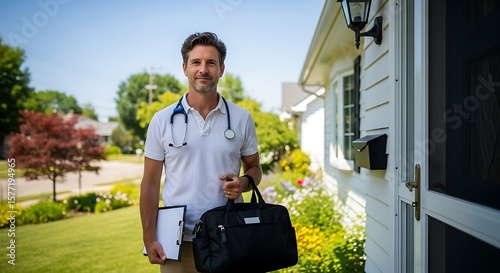 Dedicated home care physician on a house call carrying medical bag and clipboard for patient health in a residential neighborhood.
