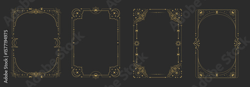 Set of modern magic witchcraft astrology frames with butterfly, stars, sun and moon on black background. Line art occult vector illustration