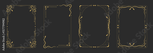 Set of modern magic witchcraft astrology frames with snakes, stars, sun and moon on black background. Line art occult vector illustration