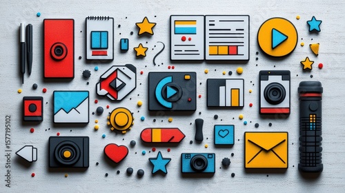 Flat lay design, assorted media icons