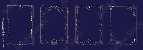 Set of modern magic witchcraft astrology frames with lotus, hands, stars, sun and moon on blue background. Line art occult vector illustration