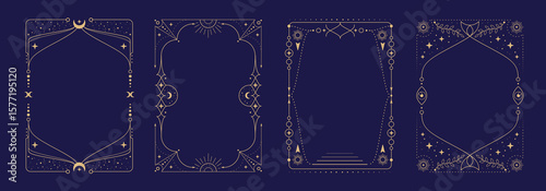 Set of modern magic witchcraft astrology frames with stars, sun and moon on blue background. Line art occult vector illustration
