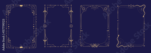 Set of modern magic witchcraft astrology frames with swords, hands, snake, butterfly, stars, sun and moon on blue background. Line art occult vector illustration