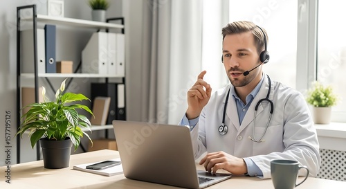 Online Doctor Consultation Physician Providing Telehealth Services to Patients with Laptop in Clinic Office Setting