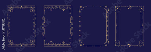 Set of modern magic witchcraft astrology frames with crystals, diamonds, gemstones, stars, sun and moon on blue background. Line art occult vector illustration