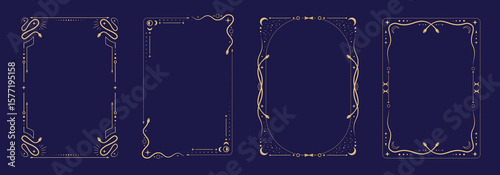 Set of modern magic witchcraft astrology frames with snakes, stars, sun and moon on blue background. Line art occult vector illustration
