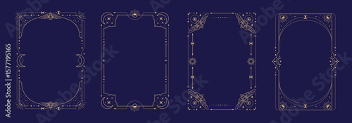 Set of modern magic witchcraft astrology frames with butterfly, stars, sun and moon on blue background. Line art occult vector illustration